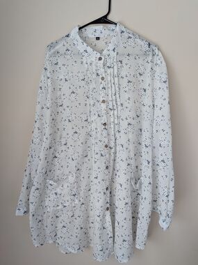 8XL White Blue Floral 100% Cotton Tunic Blouse Plus Size
